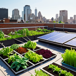 A vibrant urban rooftop garden overflowing with diverse plants and vegetables, showcasing sustainable urban farming. Solar panels are visible in the background, emphasizing renewable energy. People are tending the garden, highlighting community involvement.