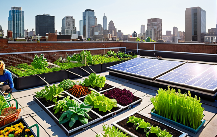 A vibrant urban rooftop garden overflowing with diverse plants and vegetables, showcasing sustainable urban farming. Solar panels are visible in the background, emphasizing renewable energy. People are tending the garden, highlighting community involvement.