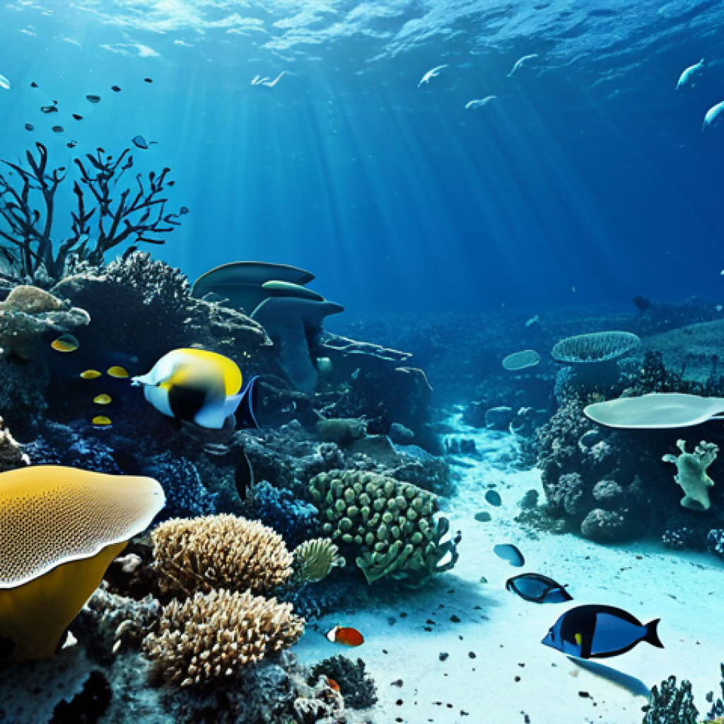 An underwater scene depicting a bleached coral reef in the foreground, vibrant colors fading to white, with a few listless marine creatures, such as small fish, navigating the dying corals. The background shows a vast, slightly desaturated blue ocean, conveying a sense of exhaustion and quiet distress, high quality, realistic, safe for work, appropriate content, fully clothed (scene context), family-friendly, perfect anatomy, natural proportions, natural pose.