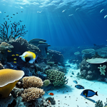 An underwater scene depicting a bleached coral reef in the foreground, vibrant colors fading to white, with a few listless marine creatures, such as small fish, navigating the dying corals. The background shows a vast, slightly desaturated blue ocean, conveying a sense of exhaustion and quiet distress, high quality, realistic, safe for work, appropriate content, fully clothed (scene context), family-friendly, perfect anatomy, natural proportions, natural pose.