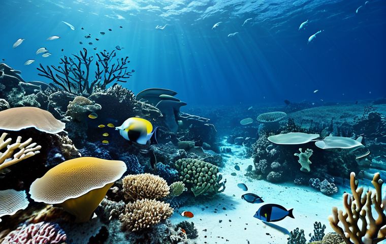 An underwater scene depicting a bleached coral reef in the foreground, vibrant colors fading to white, with a few listless marine creatures, such as small fish, navigating the dying corals. The background shows a vast, slightly desaturated blue ocean, conveying a sense of exhaustion and quiet distress, high quality, realistic, safe for work, appropriate content, fully clothed (scene context), family-friendly, perfect anatomy, natural proportions, natural pose.