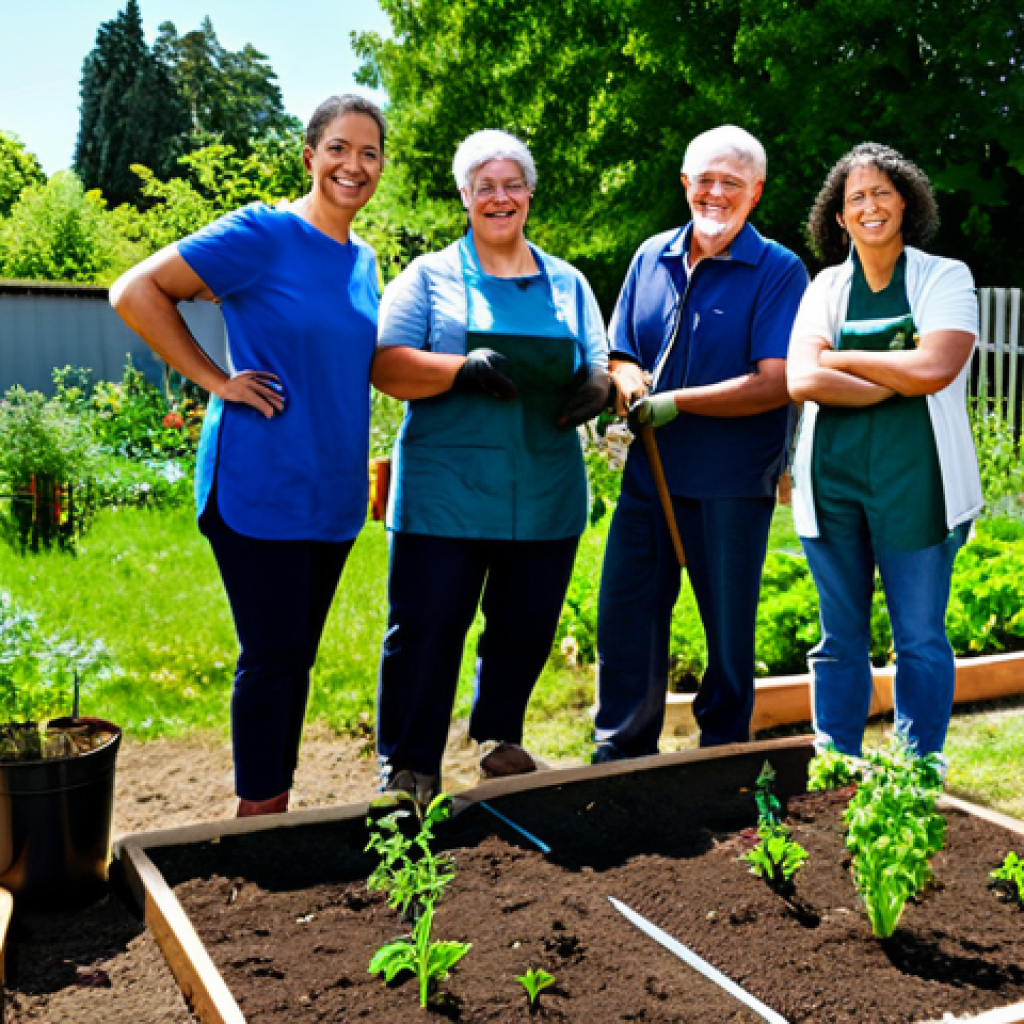 **
A diverse group of people working together in a community garden, planting trees and vegetables, fully clothed, appropriate attire, safe for work, representing sustainable living and environmental stewardship, bright sunny day, perfect anatomy, correct proportions, natural pose, family-friendly.
**