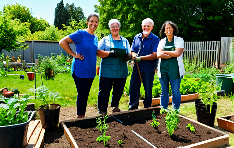**
A diverse group of people working together in a community garden, planting trees and vegetables, fully clothed, appropriate attire, safe for work, representing sustainable living and environmental stewardship, bright sunny day, perfect anatomy, correct proportions, natural pose, family-friendly.
**