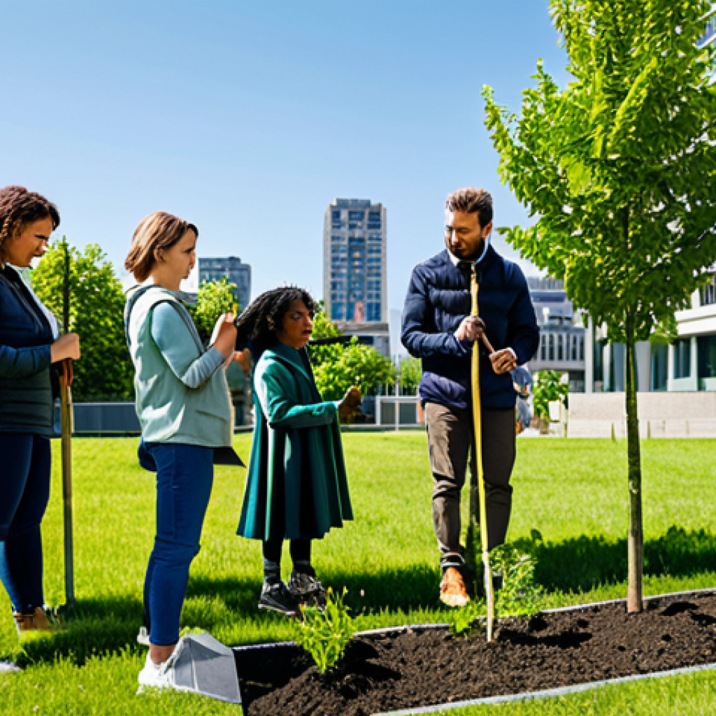 **
A group of diverse, fully clothed people planting trees together in a city park on a sunny day. The background features modern, sustainable buildings with green roofs and solar panels. Appropriate attire, safe for work, family-friendly, perfect anatomy, correct proportions, well-formed hands, proper finger count, natural body proportions, high-quality, professional photography.
**