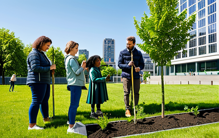 **
A group of diverse, fully clothed people planting trees together in a city park on a sunny day. The background features modern, sustainable buildings with green roofs and solar panels. Appropriate attire, safe for work, family-friendly, perfect anatomy, correct proportions, well-formed hands, proper finger count, natural body proportions, high-quality, professional photography.
**