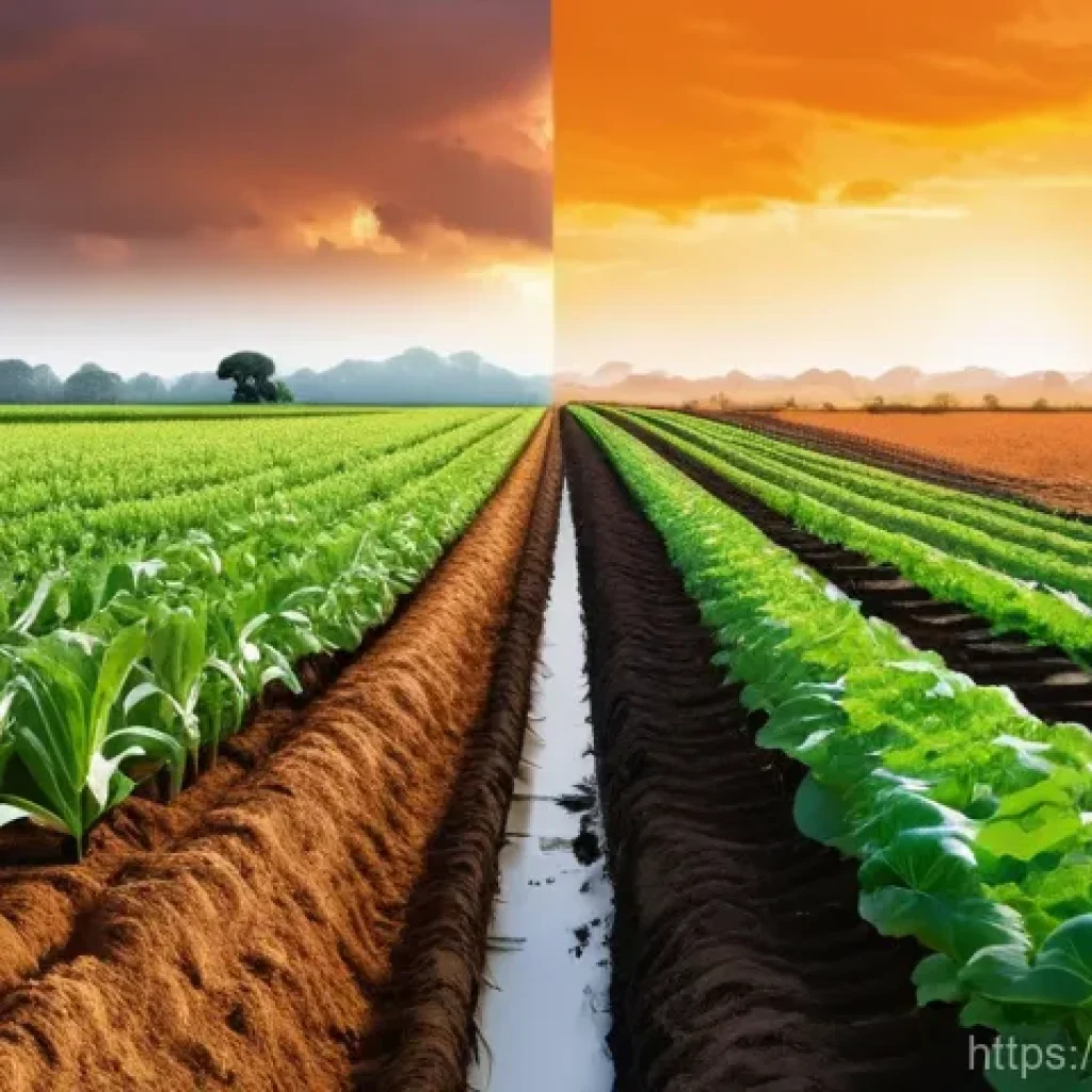 탄소예산과 기후 변화 적응 지침 - A powerful and contrasting image depicting the impact of climate change on agriculture versus succes...