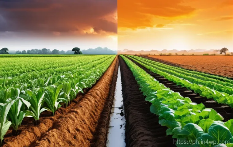 탄소예산과 기후 변화 적응 지침 - A powerful and contrasting image depicting the impact of climate change on agriculture versus succes...