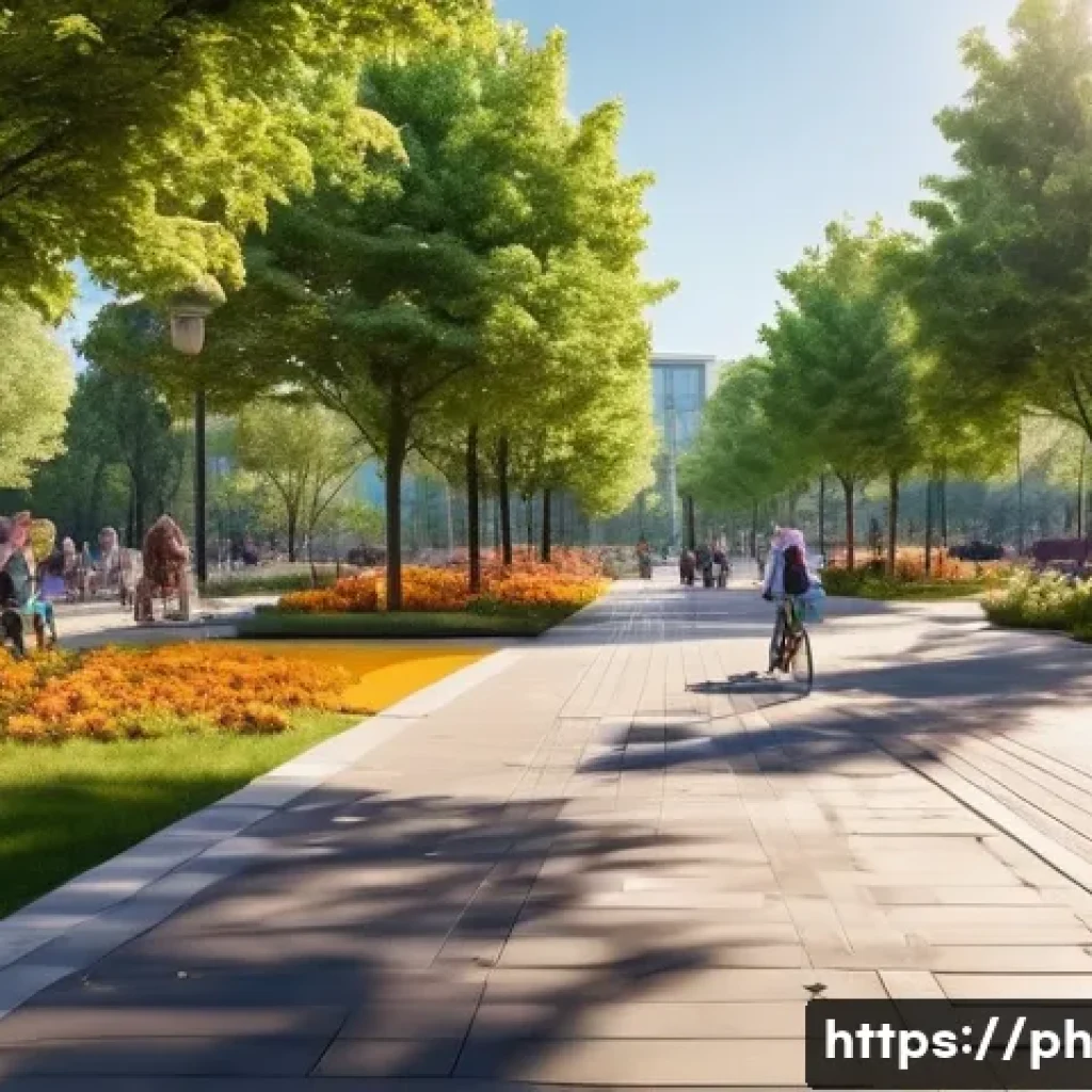 탄소예산을 활용한 지역 사회 발전 전략 - A bustling, futuristic urban park bathed in the soft glow of a clear, pollution-free sky. Lush green...