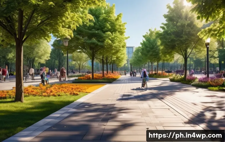 탄소예산을 활용한 지역 사회 발전 전략 - A bustling, futuristic urban park bathed in the soft glow of a clear, pollution-free sky. Lush green...