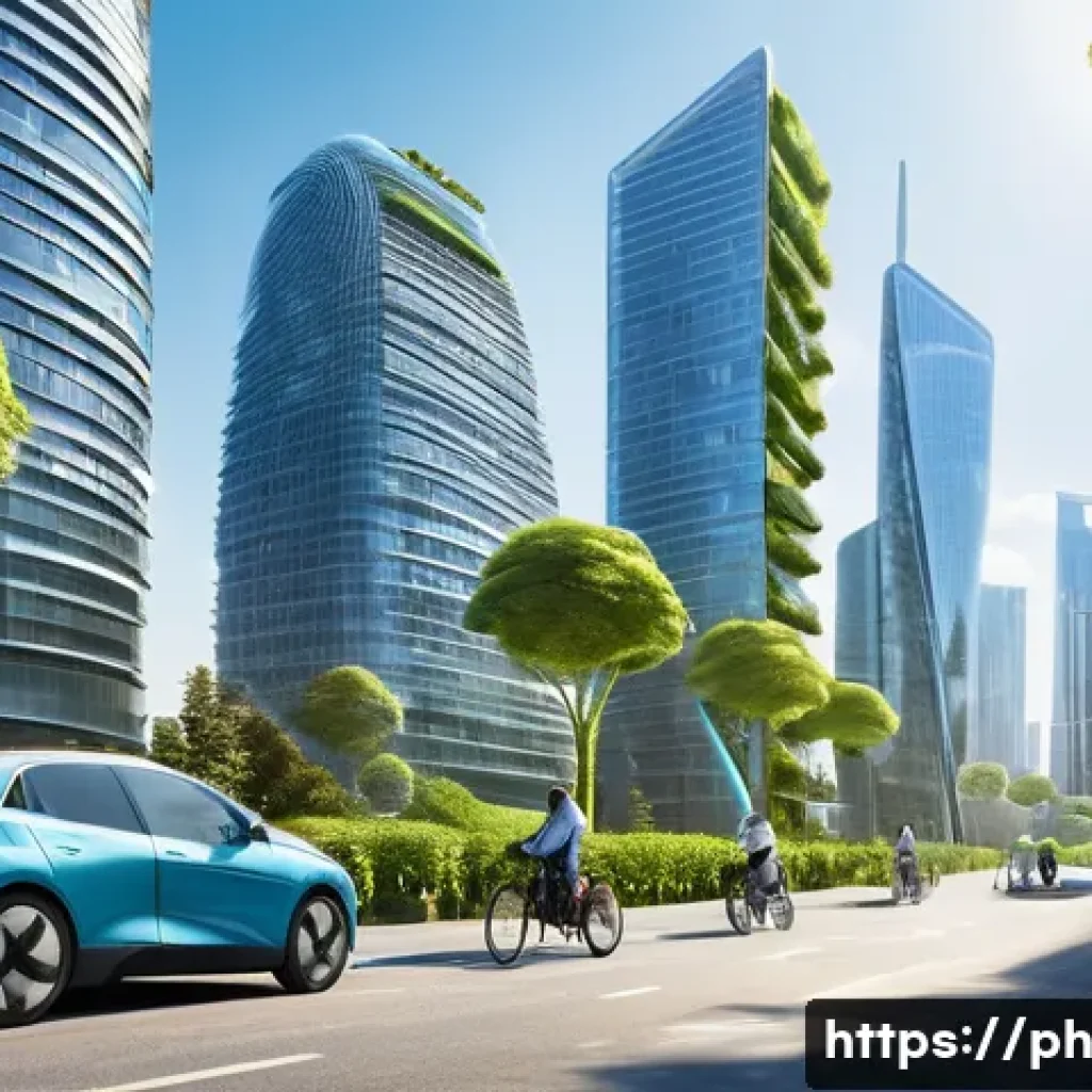 탄소예산과 지속 가능한 개발 목표 SDG 의 연계 - A vibrant, futuristic city skyline powered entirely by renewable energy. In the foreground, sleek el...