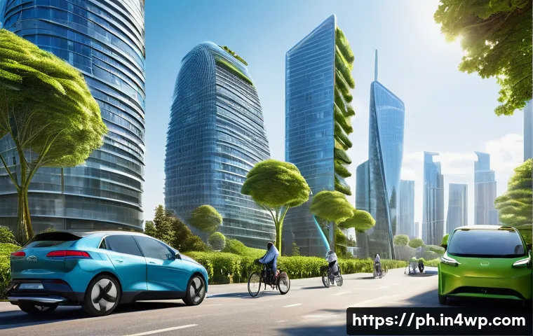 탄소예산과 지속 가능한 개발 목표 SDG 의 연계 - A vibrant, futuristic city skyline powered entirely by renewable energy. In the foreground, sleek el...