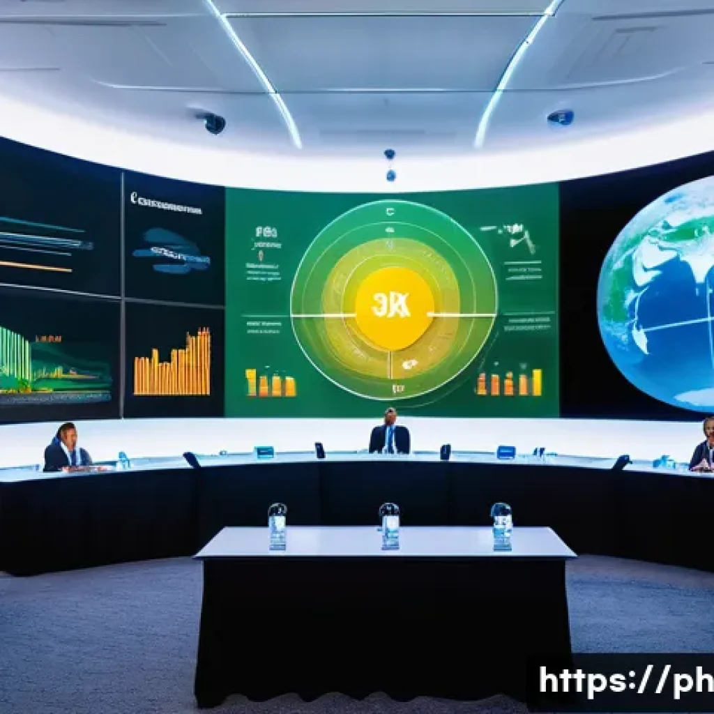 탄소예산 정책의 국제적 동향 - A detailed illustration of a global summit room where diverse international delegates are engaged in...
