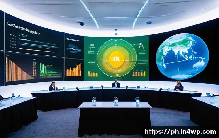 탄소예산 정책의 국제적 동향 - A detailed illustration of a global summit room where diverse international delegates are engaged in...