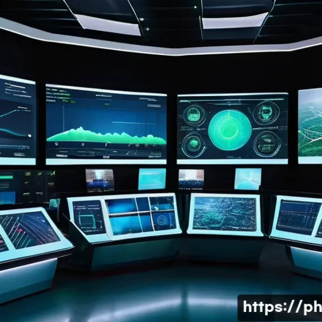 탄소예산 기반의 기후 변화 대응 전략 - A futuristic control room filled with digital screens displaying real-time carbon emission data from...
