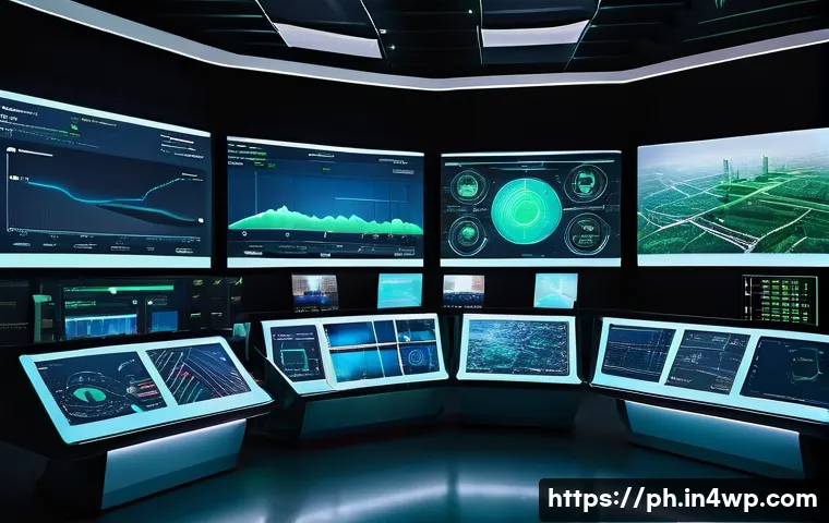 탄소예산 기반의 기후 변화 대응 전략 - A futuristic control room filled with digital screens displaying real-time carbon emission data from...