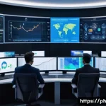 Home 22 탄소예산 설계의 주요 이슈 및 과제 - A futuristic control room featuring diverse international scientists and engineers monitoring real-t...