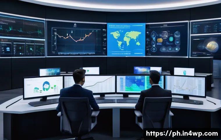 탄소예산 설계의 주요 이슈 및 과제 - A futuristic control room featuring diverse international scientists and engineers monitoring real-t...