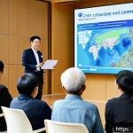 Home 19 탄소예산을 통한 지역 사회의 참여 증진 - A vibrant community meeting in a modern multipurpose hall where diverse local residents, including e...