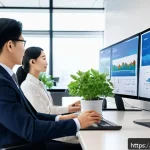 Home 18 탄소예산과 기업의 사회적 영향 분석 - A modern corporate office environment showcasing a diverse team of professionals collaborating aroun...