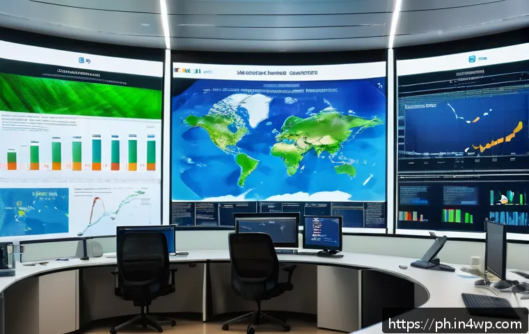 탄소예산과 기후 변화 정책의 의사결정 과정 - A detailed infographic-style image showing a futuristic climate data analysis center with large tran...