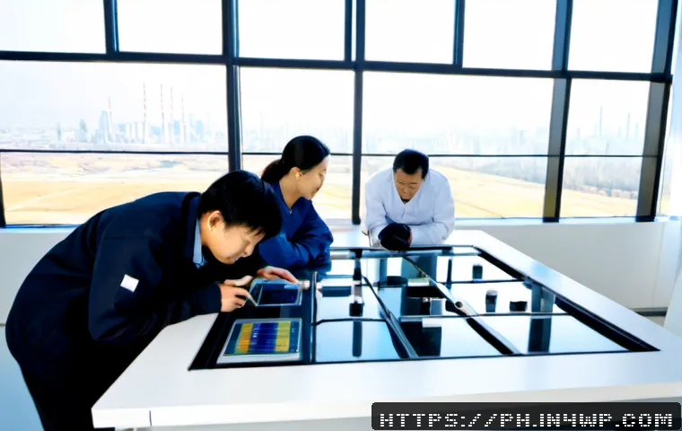 Home 17 탄소예산과 기술 혁신의 연계성 - Photorealistic wide-angle scene of a clean energy innovation laboratory, a diverse team of adult eng...
