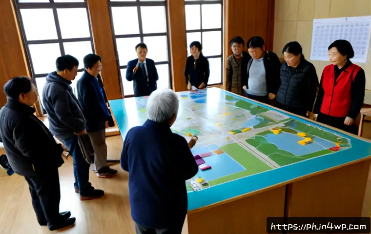 Home 17 탄소예산 기반의 지역 사회 참여 모델 - Photorealistic community workshop in a bright civic hall, diverse adults and seniors gathered around...